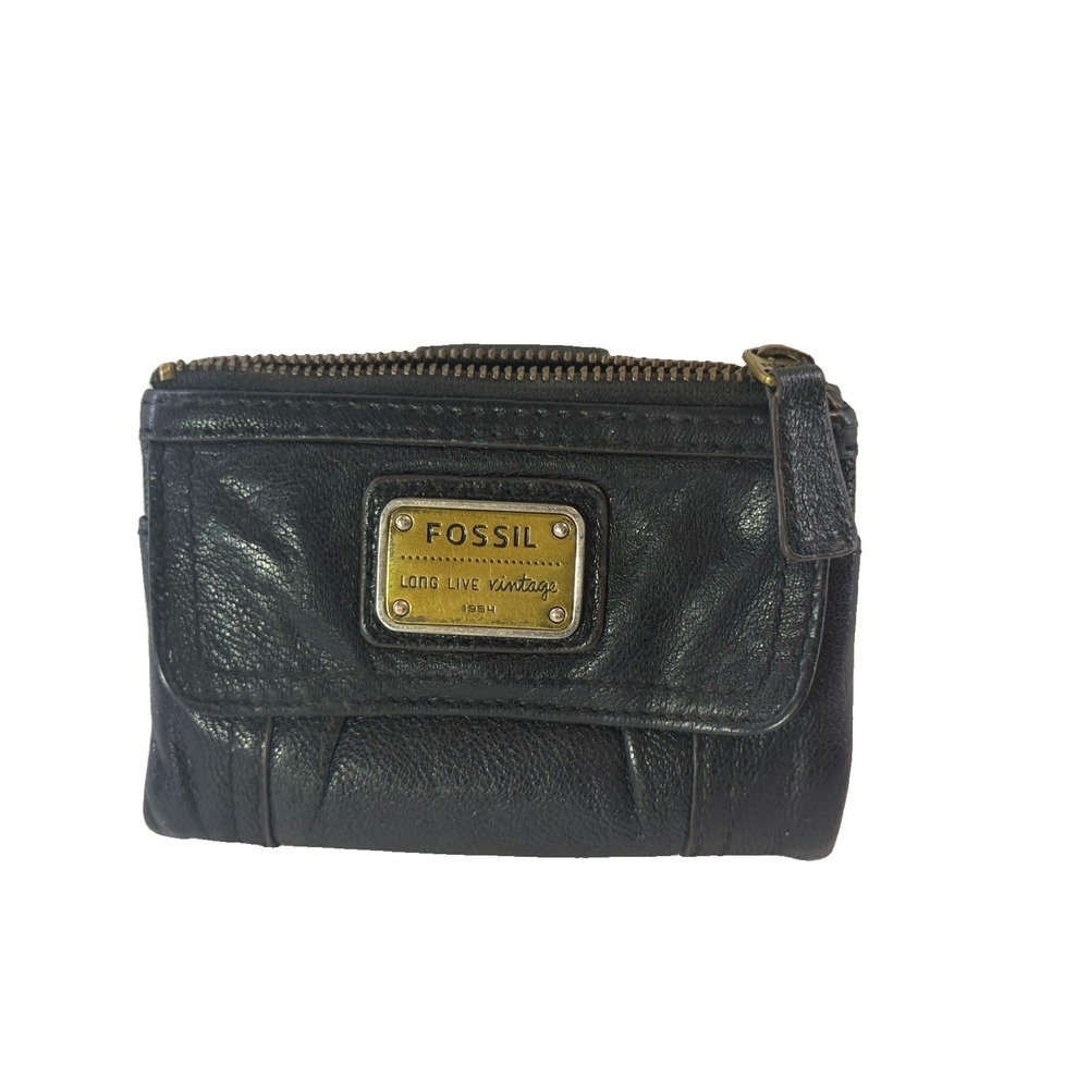 Fossil Long Live Vintage 1954 Emory Black Leather Lambskin Clutch Wallet Bifold